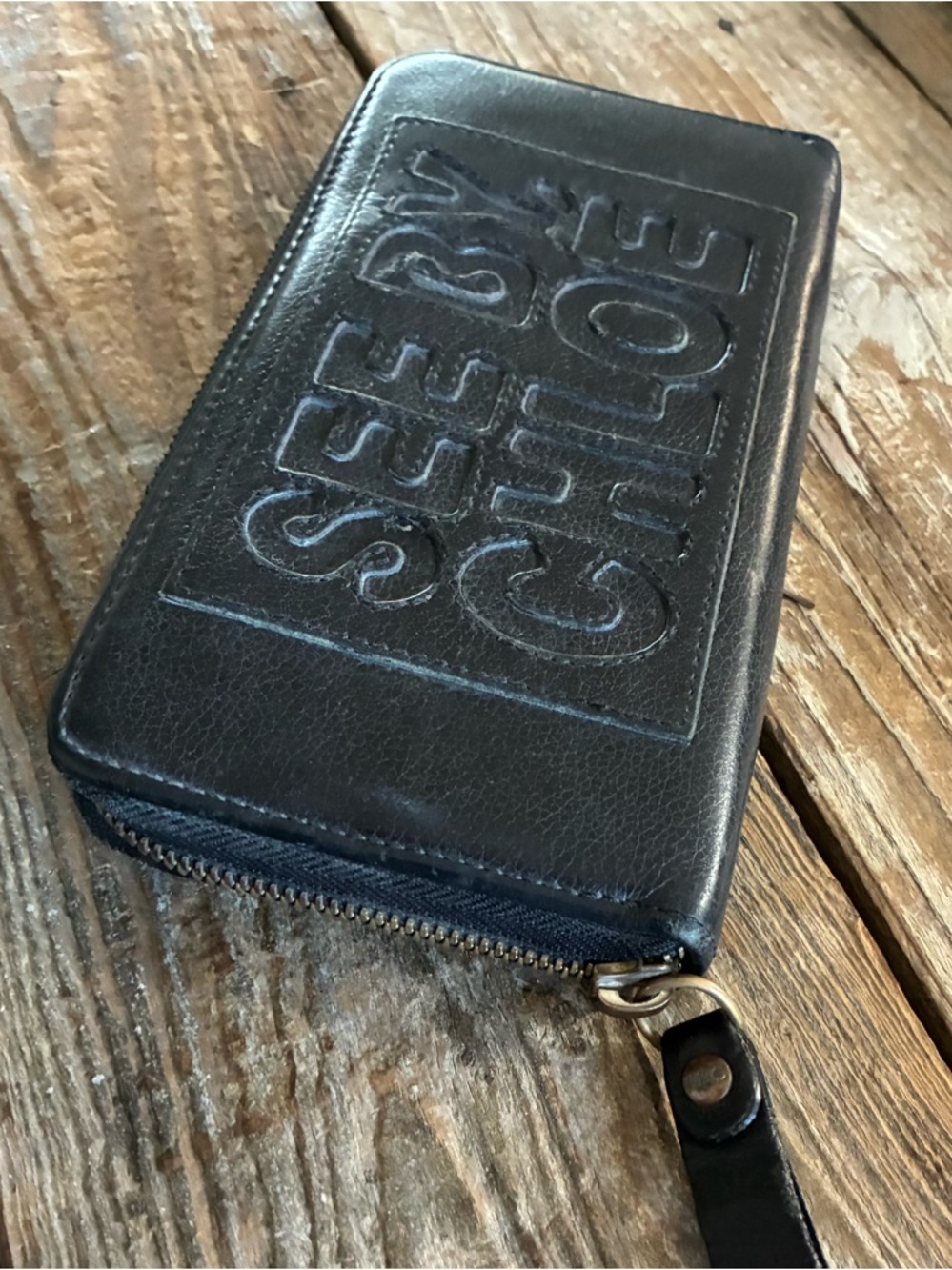 See By Chloe Black Leather Zip Card Holder wallet with Gold Zip